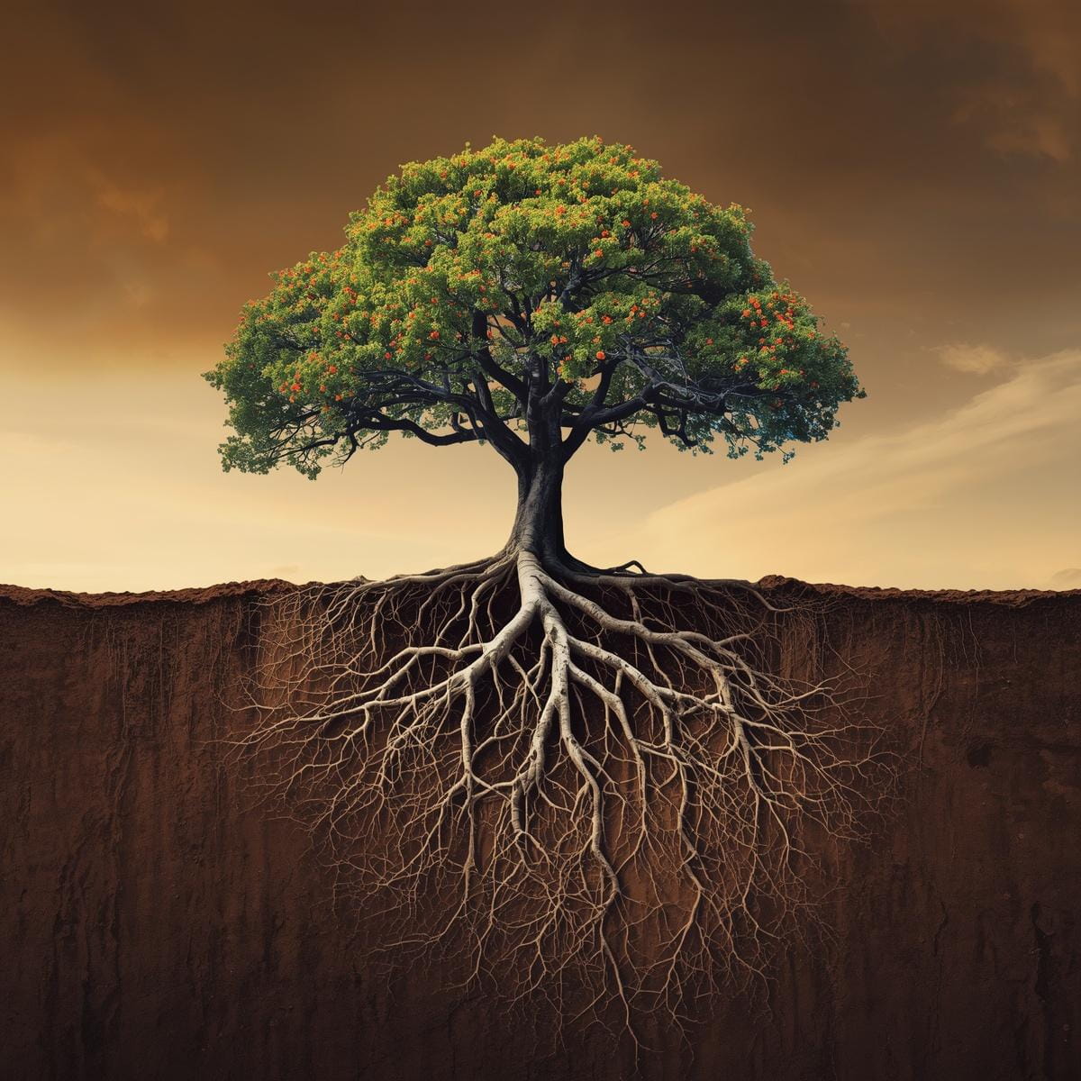 Alleinstehender großer Baum auf einer ruhigen Wiese bei weichem Tageslicht